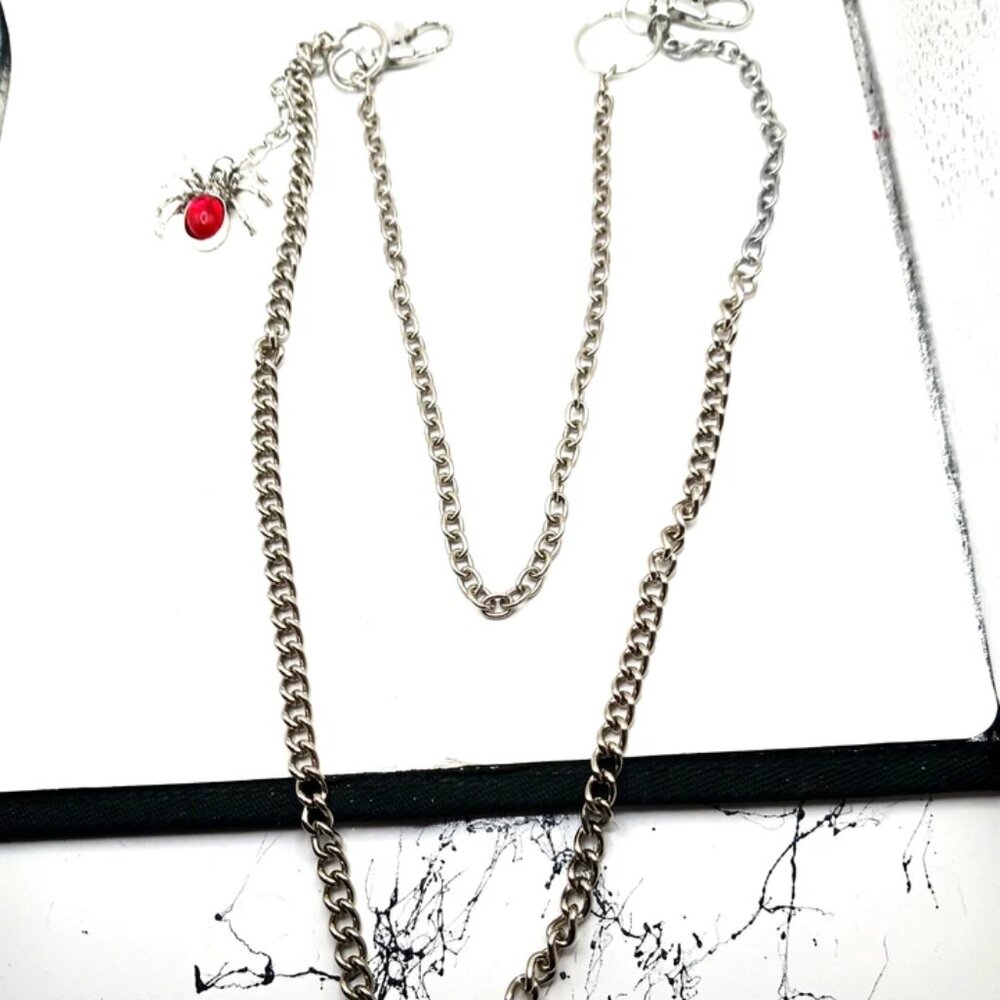 Double Layer Silvertone  Spider + Red Stone Pants *Wallet Silver Tone Chain 16"